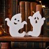 Rustic Wood Ghost Ornament Cute Halloween Wooden Table Sign, Spooky White Standing Decor Block Sign for Holiday Tiered Tray Centerpiece, Indoor
