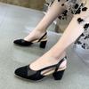 Summer New High-Heeled Square Head Horse Street Buckle Baotou Back Empty Metal Decorative Sandals Casual Leather Ladies Shoes