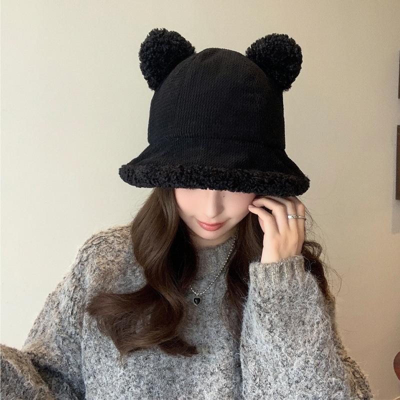 Women Autumn Winter Warm Thicken Ear Protector Hat Cold Fur Velvet Outdoor Bucket Hat Sweet Cute Teddy Bear Fisherman Cap
