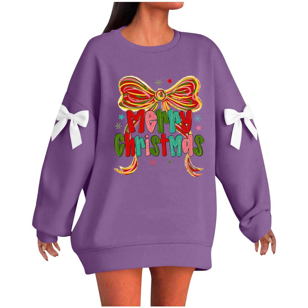 Ladies' Christmas Printed Bow Round Neck Long Sleeved Loose Pullover Sweater Sweatshirt Top