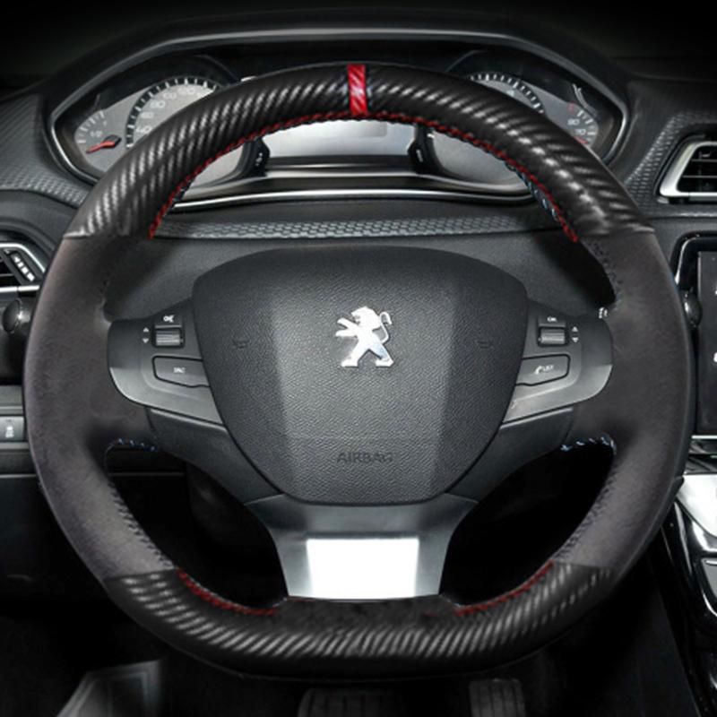 Для Peugeot 308 307 2016- Ручная прошивка Черная строчка Чехол на руль автомобиля Сделай сам Нескользящая кожа Салон автомобиля