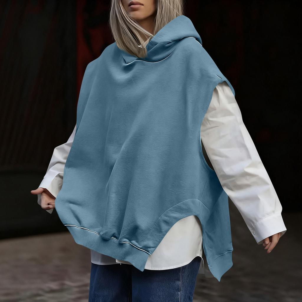 Women's Fashionable Solid Color Sleeveless Hooded Hem Asymmetrical Casual Pullover Vest Hoodie