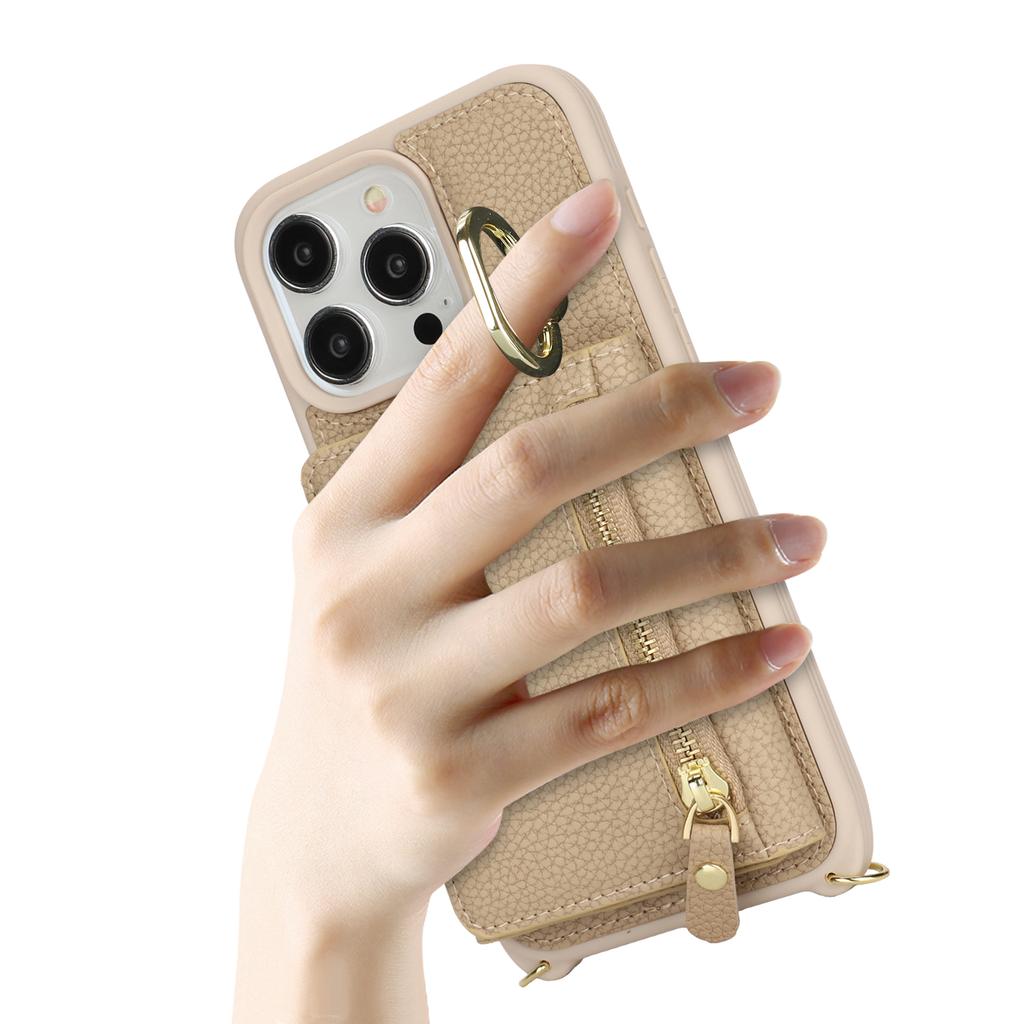 Чехол для iPhone 14 Pro с карманом для карт, кольцом-подставкой, из ПУ кожи+ТПУ, чехол для телефона с плечевым ремнем