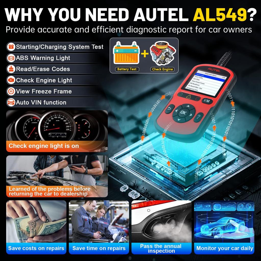 Сканер Autel AutoLink AL549 OBD2 Читатель кодов с функцией считывания/стирания DTC для ABS Универсальный тестер автомобильного аккумулятора с отображением данных в реальном времени