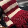 British Retro Red Rice Contrast Striped Soft Waxy Tassel Knitted Scarf for Women Korean Style Autumn and Winter To Keep Warm and Cold Proof