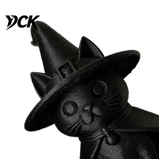 Dark Cute Halloween Table Decor Gothic Witch Hat Black Cat Figurine, 3D Printed Wizard Cloak Kitten Detailed Textured Statue Statue, Spooky