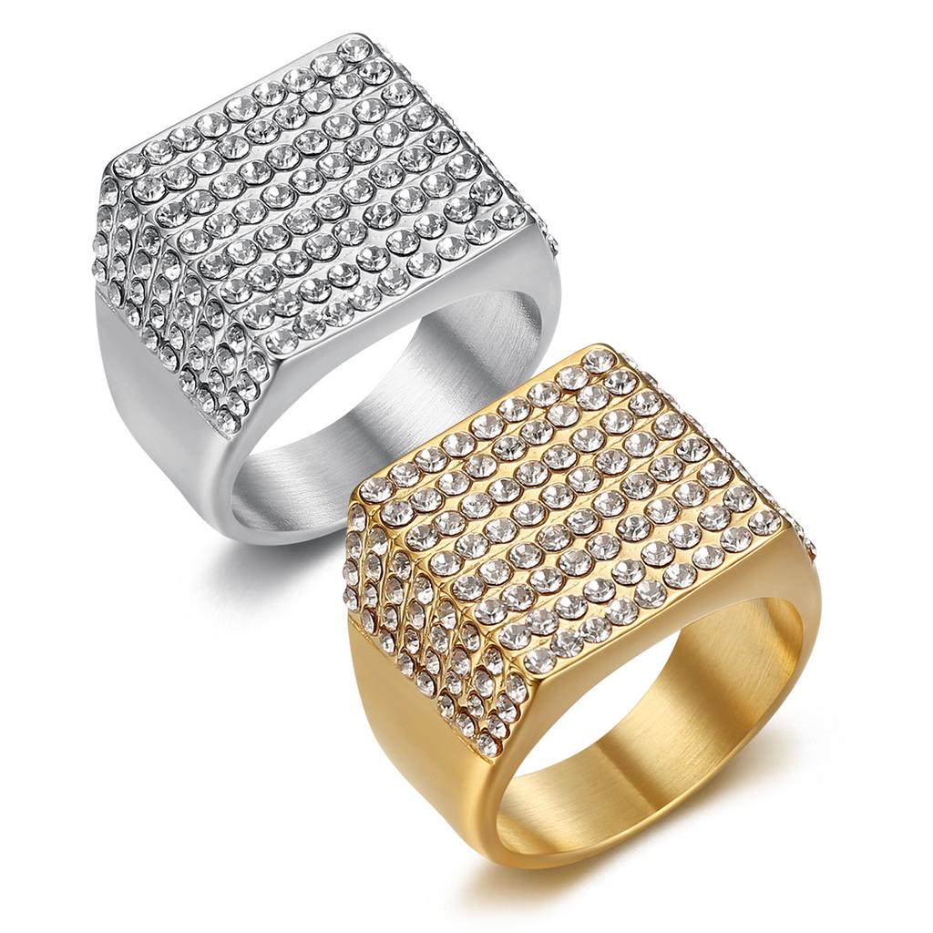 Hot Selling Hip Hop Jewelry Titanium Steel Gold Plated Square Full Diamond Ring