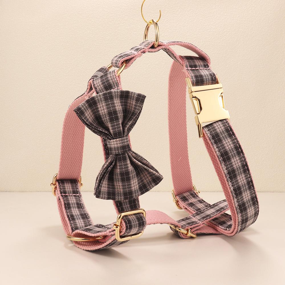 Plaid Pet Walking Harness Set with Bow Design, Adjustable Vest Collar Leash Kit for Small Dogs