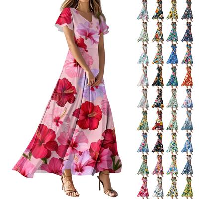 Женское повседневное платье с V-образным вырезом, коротким рукавом, высокой талией и принтом в виде цветов и листьев в стиле ретро