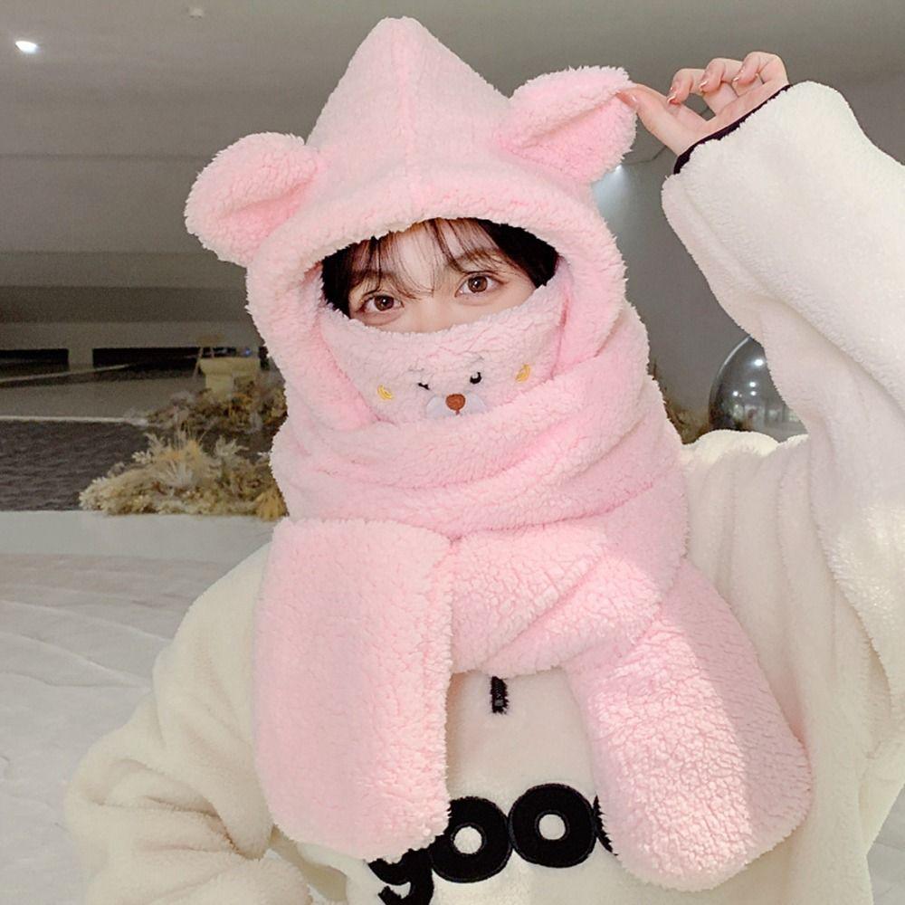 Hat With Earmuffs Cute Cap Korean Cap With Mask Scarf Women Plush Hat Winter Gloves Lamb Fleece Hat