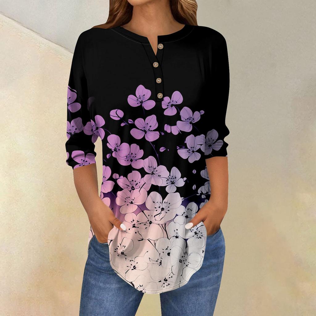Женские топы с рукавами 3/4, летние футболки с цветочным принтом и V-образным вырезом, повседневные базовые футболки с пуговицами, туники