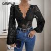 Women's Jumpsuit Tight Sexy Long Sleeve Solid Color V-neck Lace Bodysuit