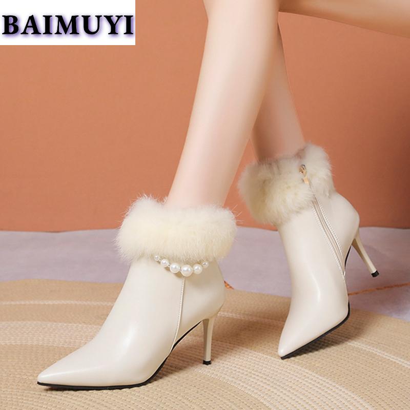 Туфли на высоком каблуке с заостренным носком и цепочкой из бисера, женская обувь, сексуальные меховые ботильоны, тренд 2025 года, новые дизайнерские сапоги на молнии, выпускные туфли-лодочки Mujer Botas