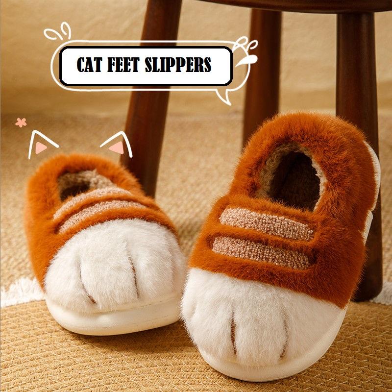 Новые пушистые уютные тапочки-котики женские милые лапки котенка зимняя обувь тапочки из искусственного меха женские стильные животные котенок коготь домашняя обувь
