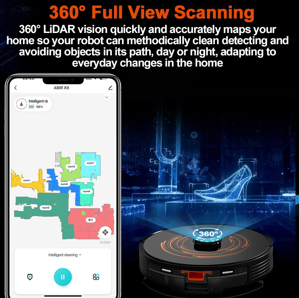 Robot Vacuum Cleaner ABIR X9,Laser Lidar,6500pa Suction,UV Cleaning, Multi-Floor Map,APP Restricted Area,Smart Home Wet Dry Mop
