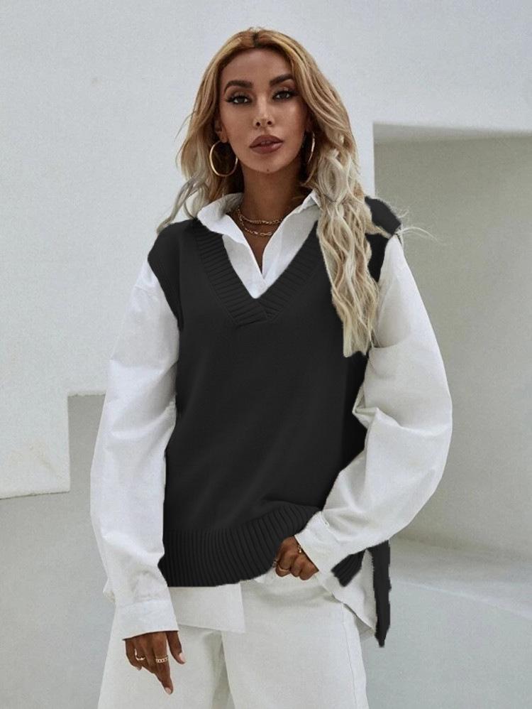 Женский облегающий свитер-жилет без рукавов с V-образным вырезом - Новый весенний вязаный топ-майка