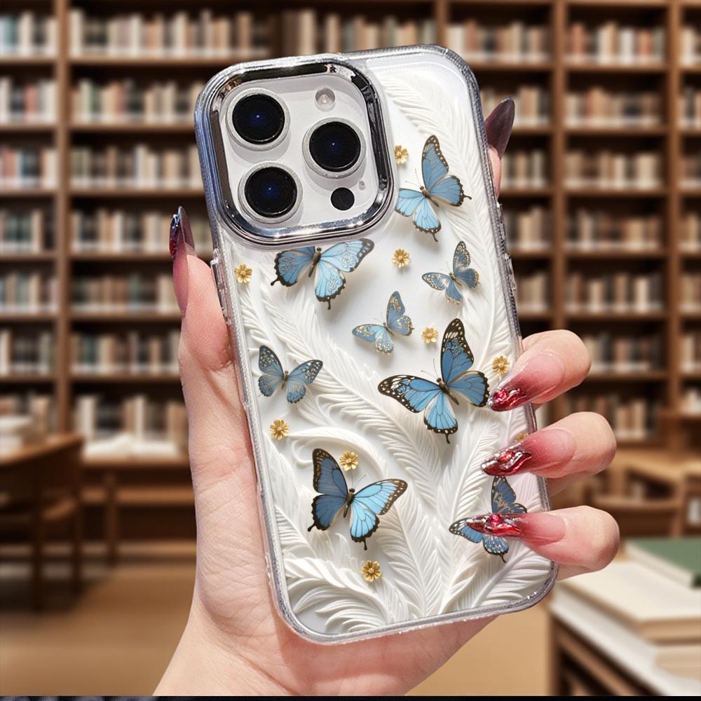 Blue Butterflies White Feathers Transparent Phone Case for IPhone 14 15 16 13 12 11 Pro Max 12 XS Max Anti-Scratch Soft Cover