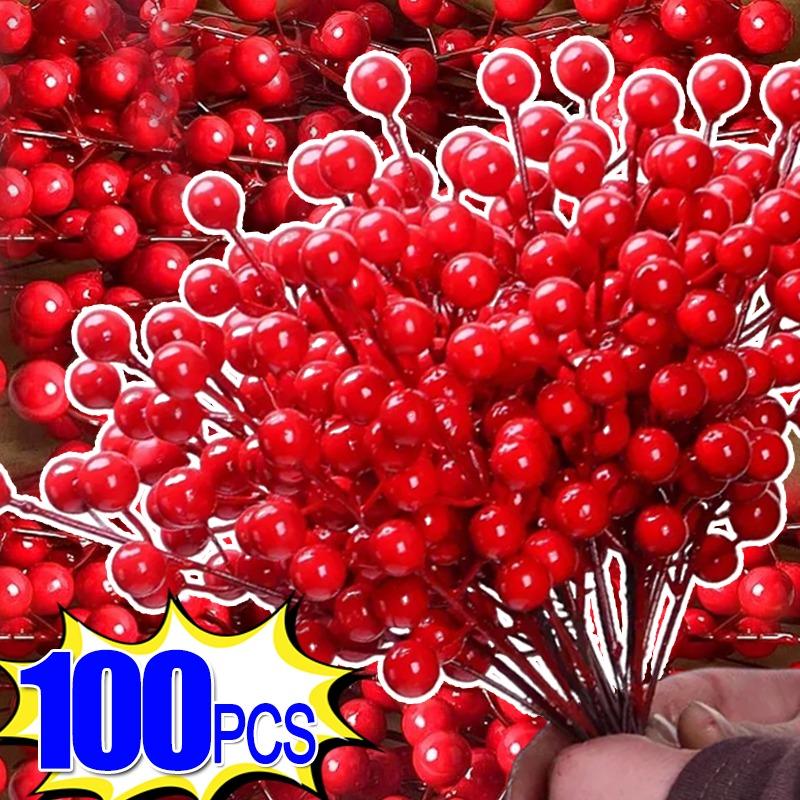 100/1Pcs Artificial Red Berries Stems Plastic Christmas Holly Berries Branches DIY Xmas Tree Ornaments New Year Party Decor Gift