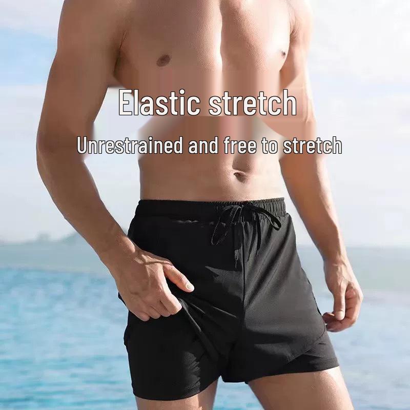 Men's Quick-Dry Double-Layer Swim Trunks with High Elastic Waist and Anti-Embarrassment Lining