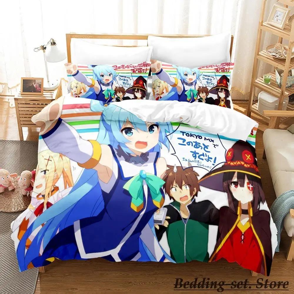 KonoSuba Аниме Комплект постельного белья Односпальный Полуторный Полный Евро Кинг-сайз Пододеяльник Комплект постельного белья для спальни взрослых и детей