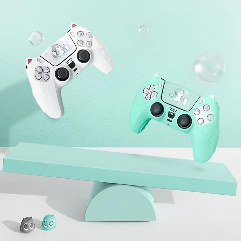 Cute Cat-Themed Silicone Case for PS5 Controller with Thumb Grips and Touchpad Stickers - Soft, Comfortable Protective Cover Set, Anti-Slip and Sweat