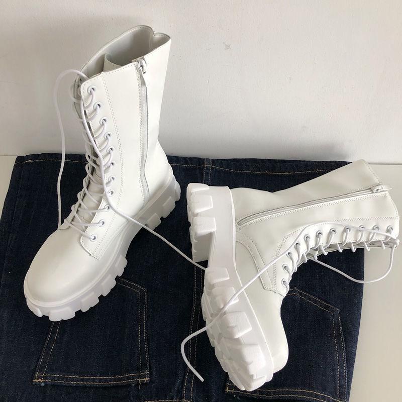 Women Mid Calf Boots Autumn Winter Fashion Lace Up Zipper Boots Sports Platform Heel Ladies Shoes