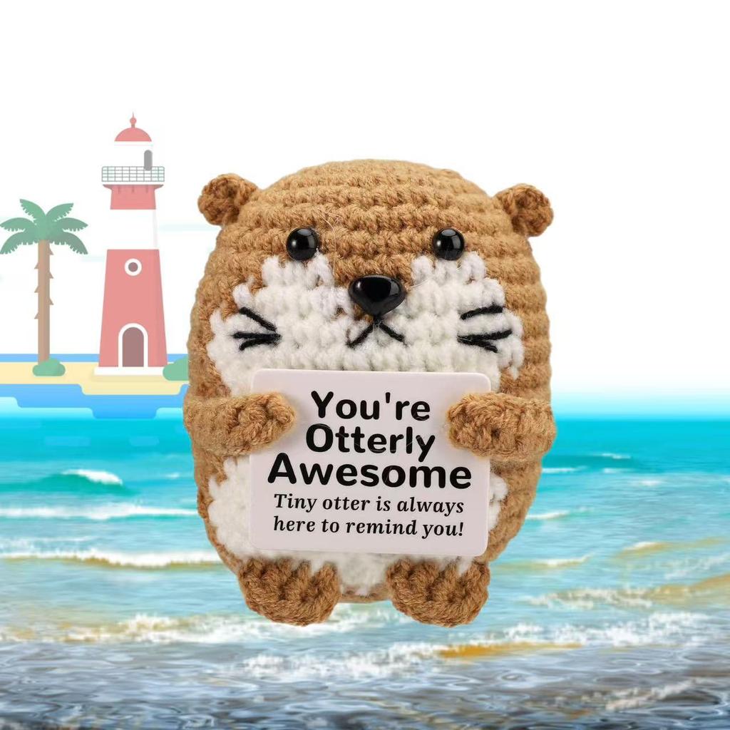Crochet Positive Energy Otter Doll With Card Home Room Decoration Handmade Adorable Animal Knitted Otter Desktop Ornament Gifts