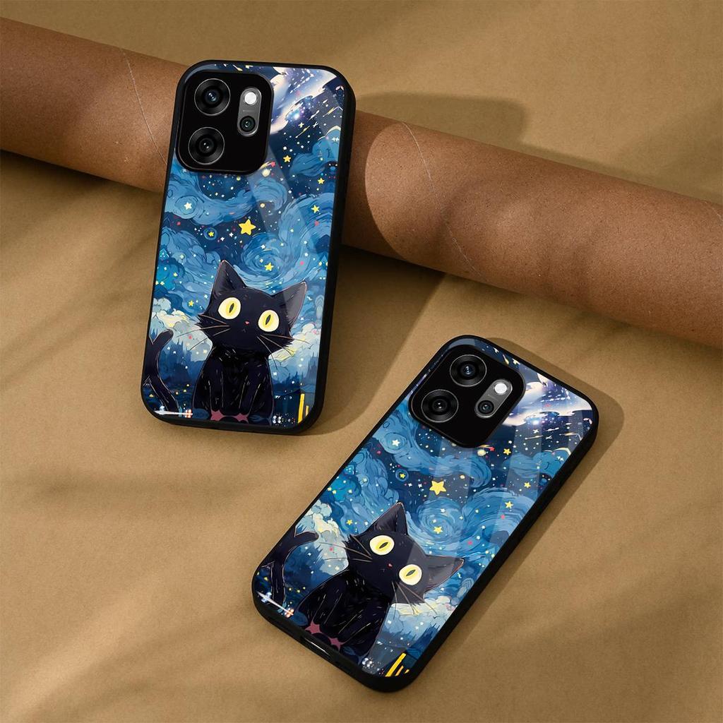 Чехол для OPPO Reno14 F 5G Аниме Черный Кот Звездное Облако Печать Чехол для Телефона Акриловая Жесткая Задняя Панель С Гибким Краем из ТПУ