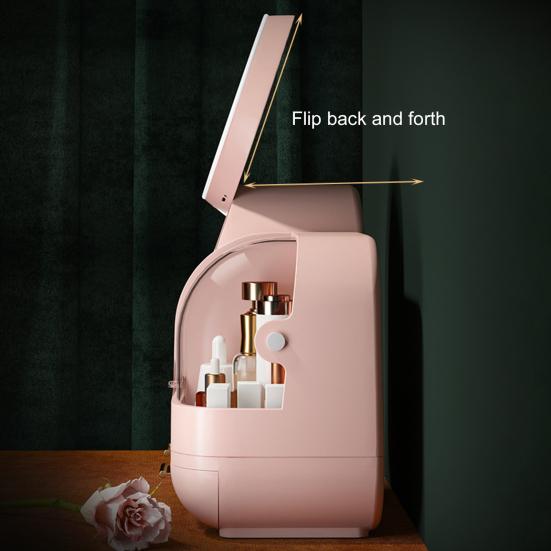Yousheng Dustproof Makeup Storage Box with LED Mirror Large Capacity Multiple Compartments Countertop Makeup Storage Organizer