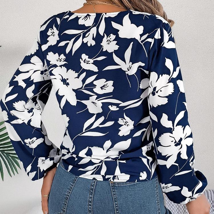 Stylish Print Shirt for Women V-Neck Long Sleeve Season Autumn Spring