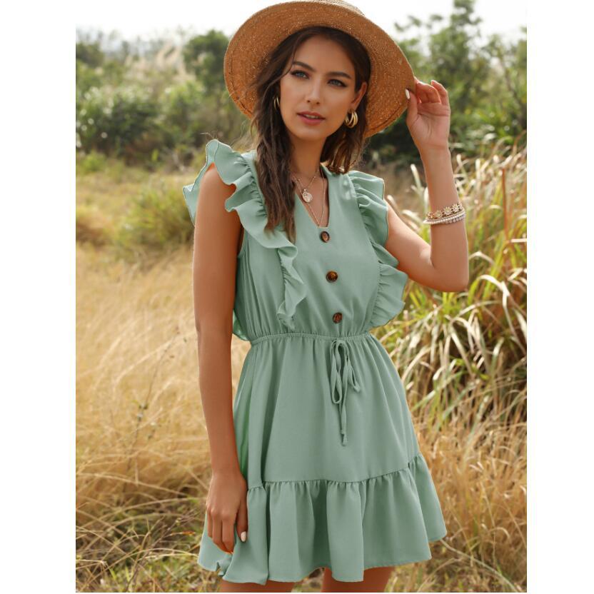 Женское летнее сплошное цветное повседневное мини-платье трапециевидной формы без рукавов с оборками