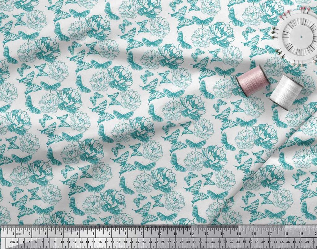 Soimoi Poly Crepe Fabric Butterfly & Peony Floral Printed Craft Fabric by the metre 42 Inch