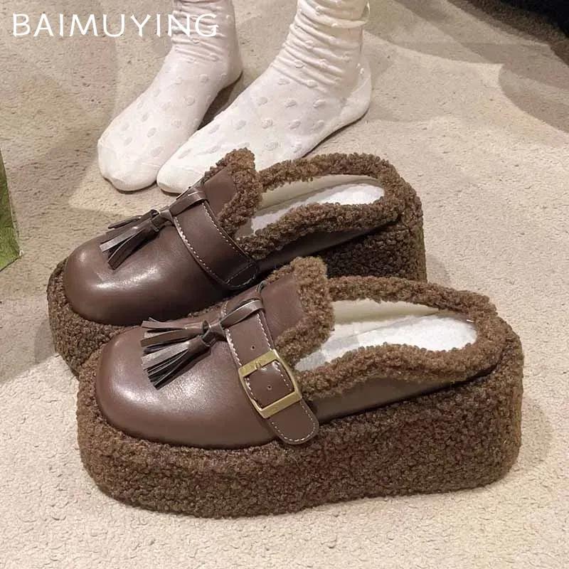 Меховые тапочки на платформе на высоком каблуке Теплые мюли Хлопковая обувь Женская 2024 Тенденция Зима Короткие Плюшевые туфли с открытой пяткой Уютные зимние ботинки Botas De Mujer