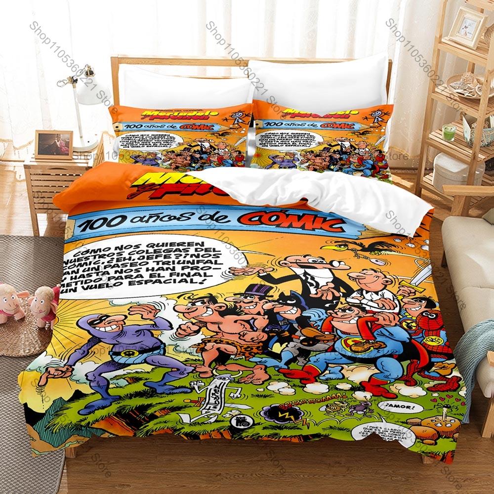 3 In 1 Mortadelo Themed Bedding, Duvet Cover + Two Pillowcases, Retro Comic Art Print Soft Fabric Gift