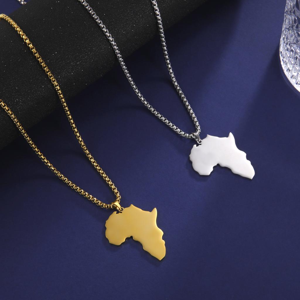 Myshape Punk Men Africa Map Pendant Necklace Golden Silver Color Stainless Steel Necklaces Box Chain Fashion African Map Jewelry