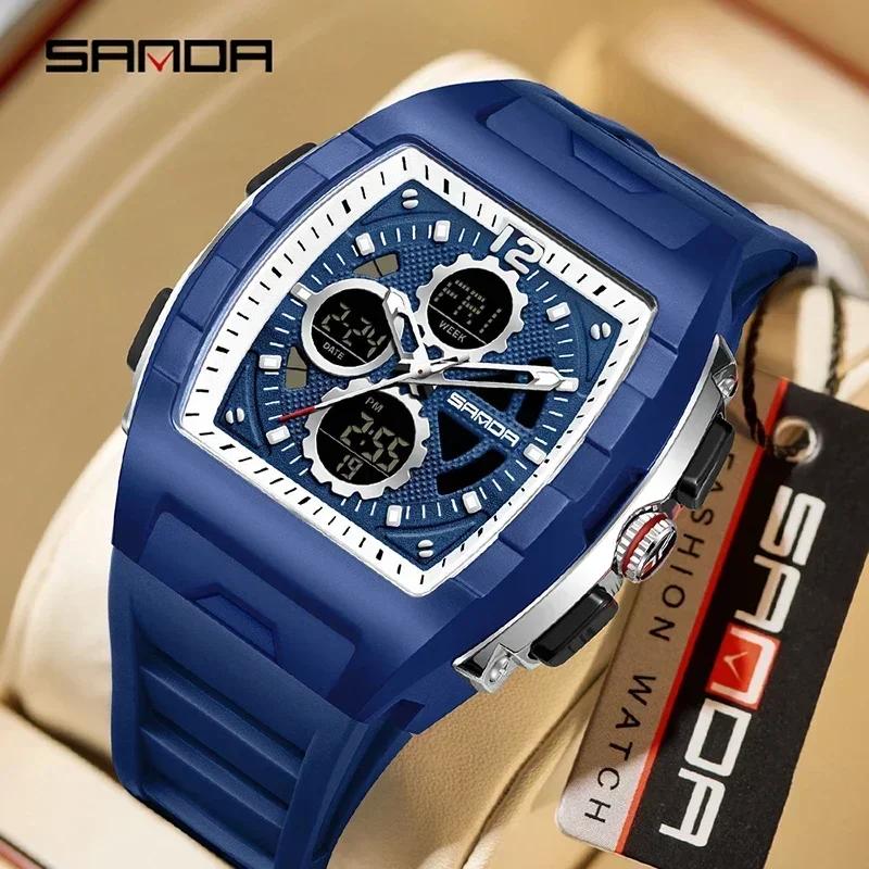 SANDA SD3391 Лучшие мужские цифровые кварцевые часы с двойным дисплеем, люминесцентный ремешок из ТПУ, многофункциональные спортивные повседневные наручные часы