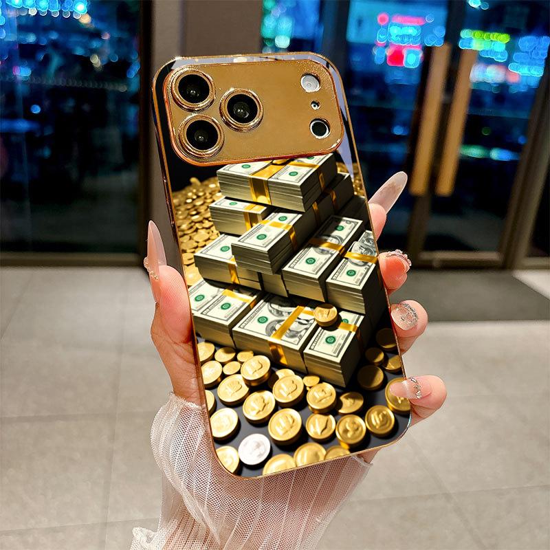 Арт 'Стопки денег' Позолоченный чехол для телефона iPhone 17Air 17 16 15 14 13 12 11 Pro Max Plus 16E XR 7 8 Xs X Стеклянная крышка