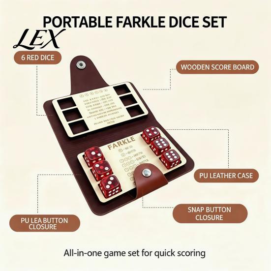 Family Dice Games Farkle Board Game, with Faux Leather Case, 6 Dices, Wooden Compact Tabletop Scoreboard, Portable Game for Travel Party Night