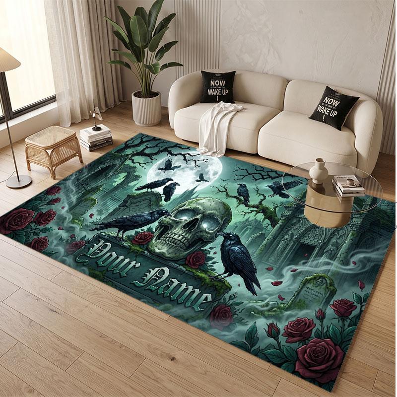Skull Gothic Theme Soft Crystal Velvet Rug Custom Name & Text Print Non Slip Floor Rug for Bedroom Living Room