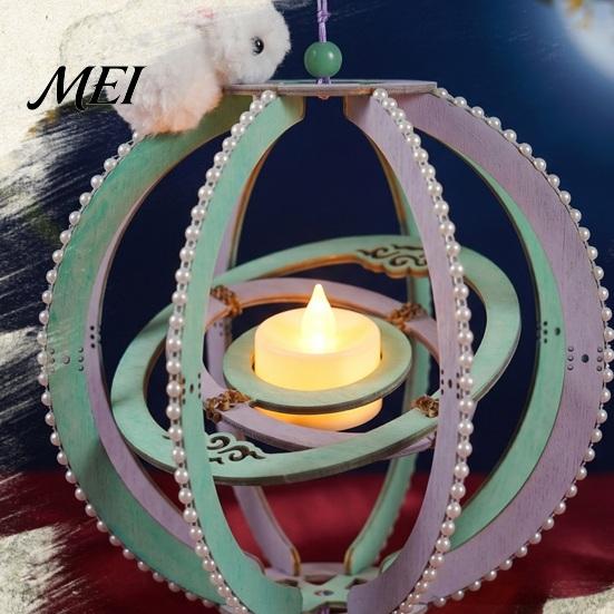 Chinese Style Lantern Kit DIY for Mid-Autumn Festival, Hollow Wooden Rotating Ring Hanging Ornament with Rabbit, Handmade LED Candle Toy Tassels