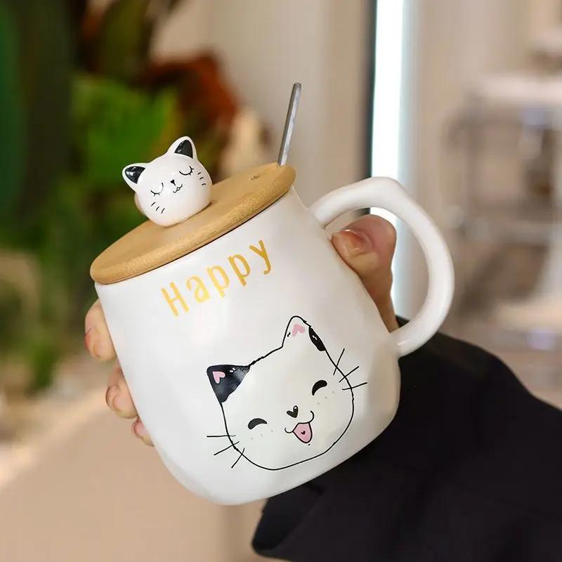 Creative Cartoon Ceramic Cup With Lid and Spoon Cute and Different Cups of Coffee Breakfast Milk Coffee Cup Office Cat Mug Mugs
