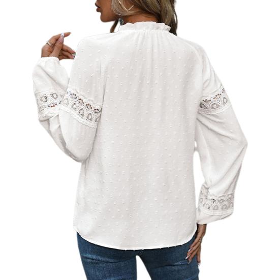Женская рубашка с круглым вырезом и длинным рукавом-фонариком, пуловер, топы из однотонного жаккардового узора, кружевная отделка, блузка на шнуровке