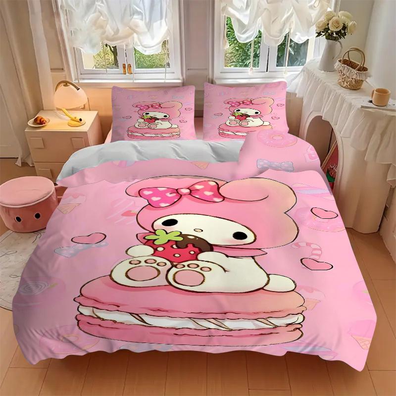 3 шт. Набор постельного белья с рисунком розовых макарон и My Melody, 1* Пододеяльник + 2* Наволочки, Набивной комплект постельного белья, Мягкий и удобный.S068