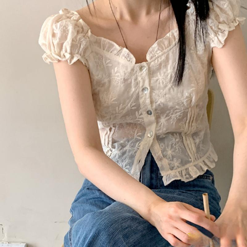 French Short Crop Tops Fashion Button Up Cotton Lace Shirts Chic Korea Design Japanese Style Summer Small Ruffles Women Blouses