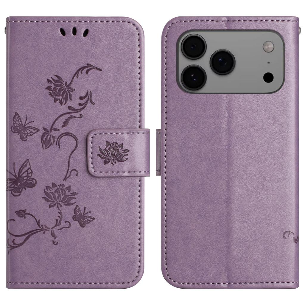 For iPhone 17 Pro Case Wallet Stand Imprinted Butterfly Flower PU Leather Phone Cover