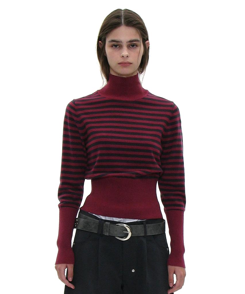 PARTIMENTO WOMEN Pwc High-Neck Back Button-Up Knit Top_Plum Stripe