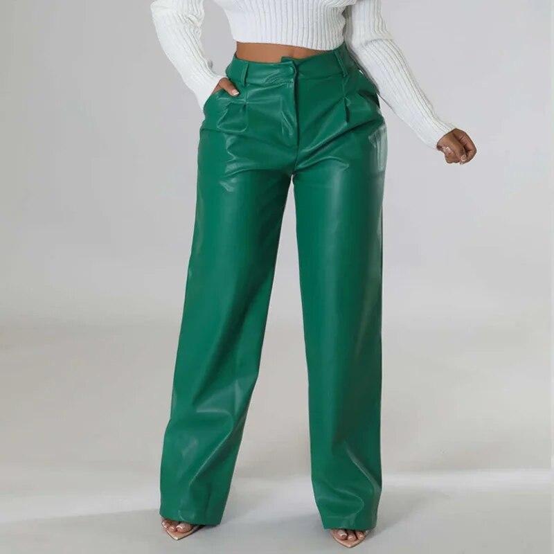 2023 Fashion Women PU Pants Autumn And Winter Casual Vinage Pocket Trousers Loose Wide Leg Leather Pants Elegant Pantalon 30033