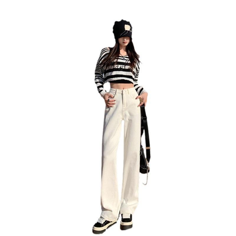 Off-white straight jeans women's spring new high-waisted high-end loose and narrow wide-leg pants