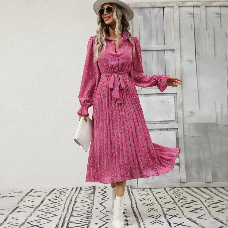 Женское осенне-зимнее повседневное платье с длинным рукавом, V-образным вырезом, цветочным принтом, А-силуэта, с завышенной талией, длиной до щиколотки