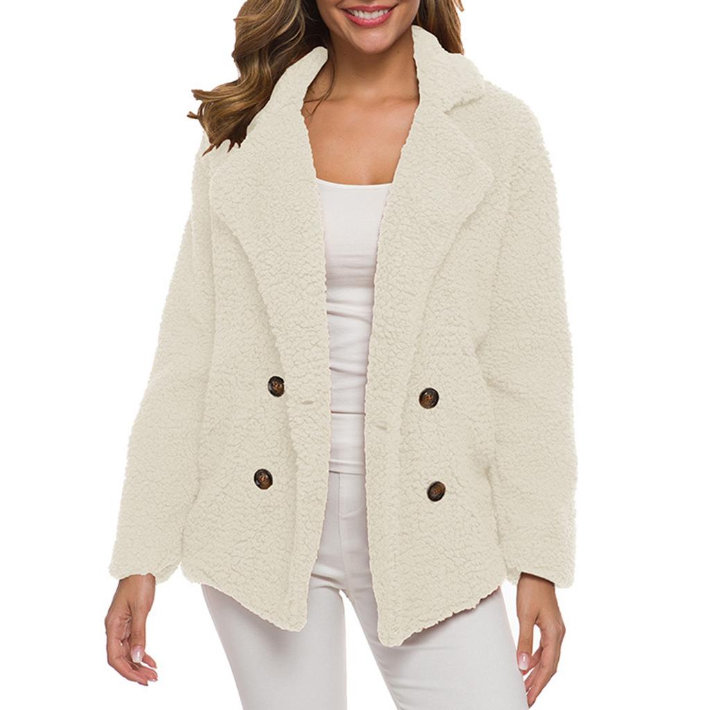 Women's Winter Casual Padded Thickened Suit Collar Button Lambswool Jacket Cardigan